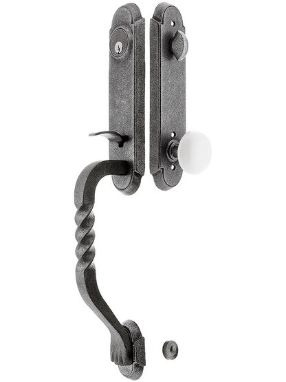 San Carlos Grip Wrought Steel Tubular Handleset With Madison Ivory Knob in Antique Steel.
